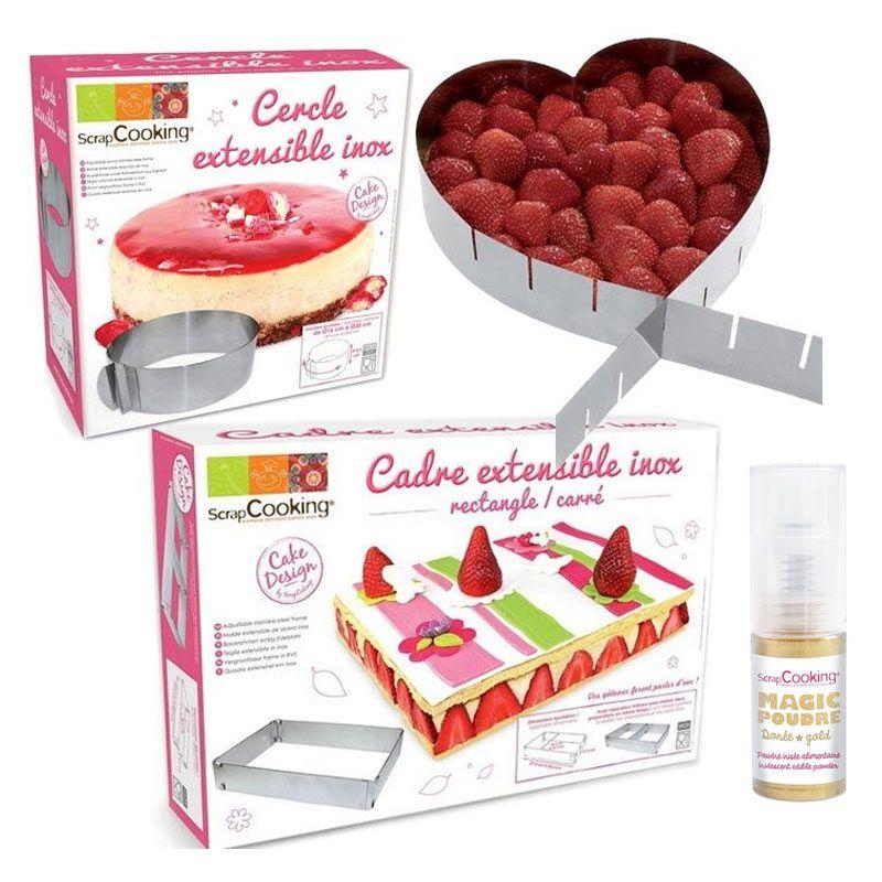 3 cadres pâtisserie extensibles cœur, cercle & rectangle + 1 poudre alimentaire irisée dorée Youdoit - Mathon