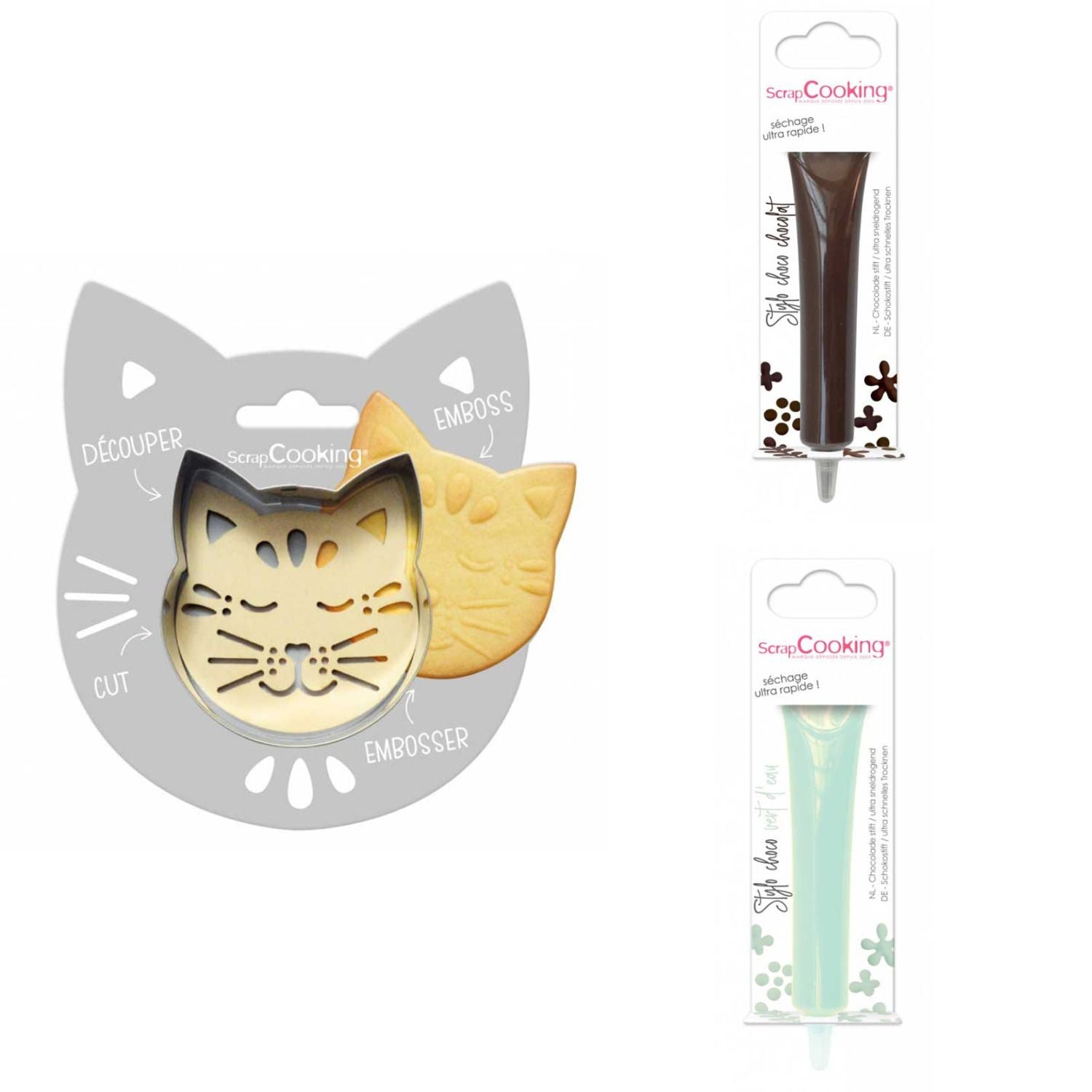 Kit pour biscuit en relief Chat + 2 Stylos au chocolat marron et vert d