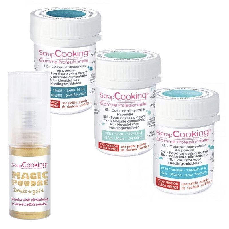 Kit de colorants alimentaires Bleu des mers + 1 poudre irisée dorée Scrapcooking - Mathon