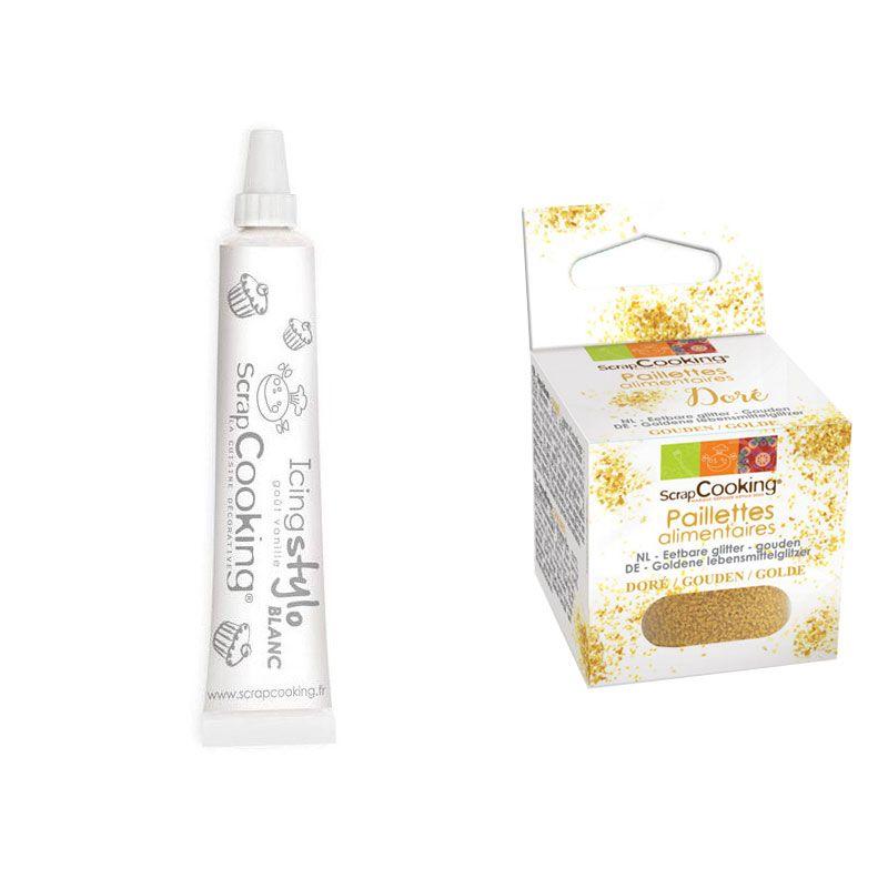 Stylo glaçage blanc goût vanille + paillettes dorées Scrapcooking - Mathon