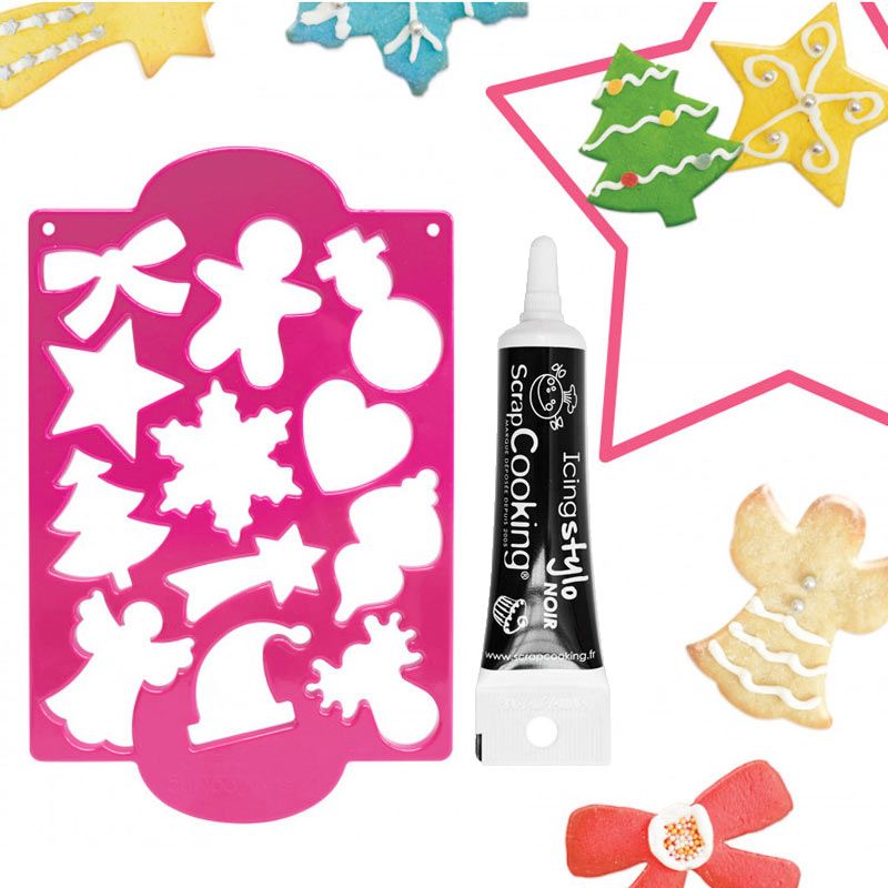 Plaque découpoirs à biscuits Noël + Stylo de glaçage noir Scrapcooking - Mathon