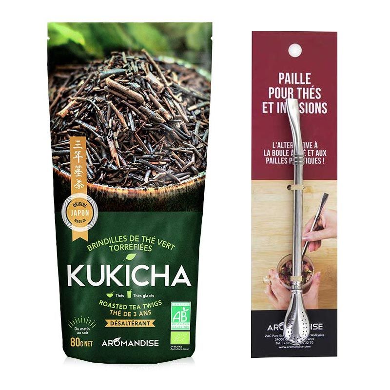 Sachet de thé bio japonais Kukicha 80 g + paille inox avec filtre Aromandise - Mathon