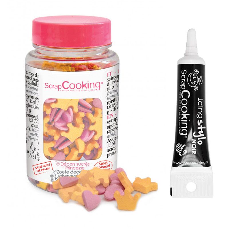 Décors sucrés Princesse 55 g + Stylo de glaçage noir Scrapcooking - Mathon