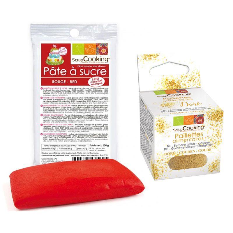 Pâte à sucre rouge 100 g + paillettes dorées Scrapcooking - Mathon