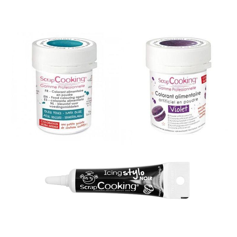 2 colorants alimentaires violet-bleu foncé + Stylo glaçage noir Scrapcooking - Mathon