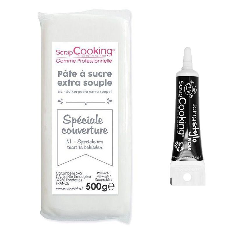 Pâte à sucre de couverture blanche 500 g + Stylo de glaçage noir Scrapcooking - Mathon