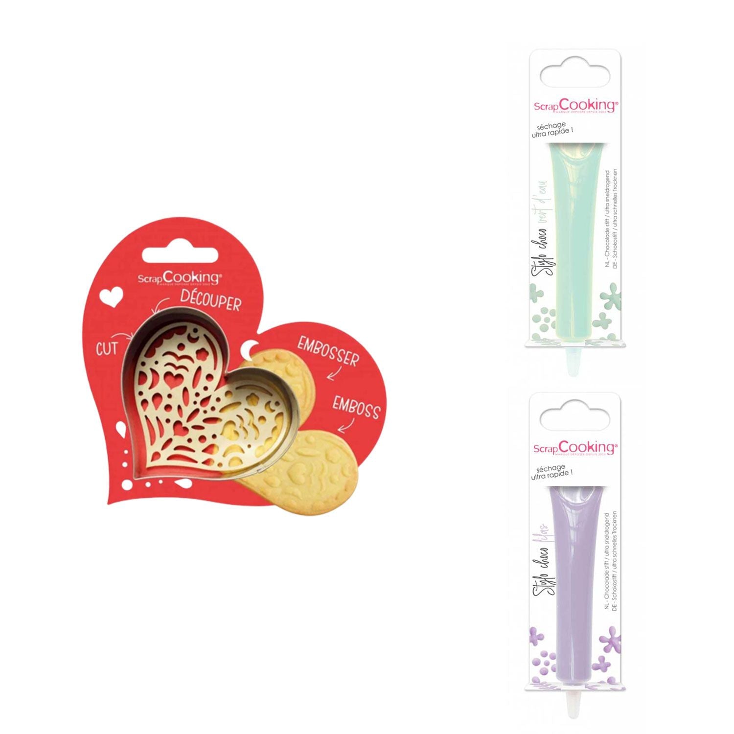 Kit pour biscuit en relief Coeur + 2 Stylos au chocolat vert d