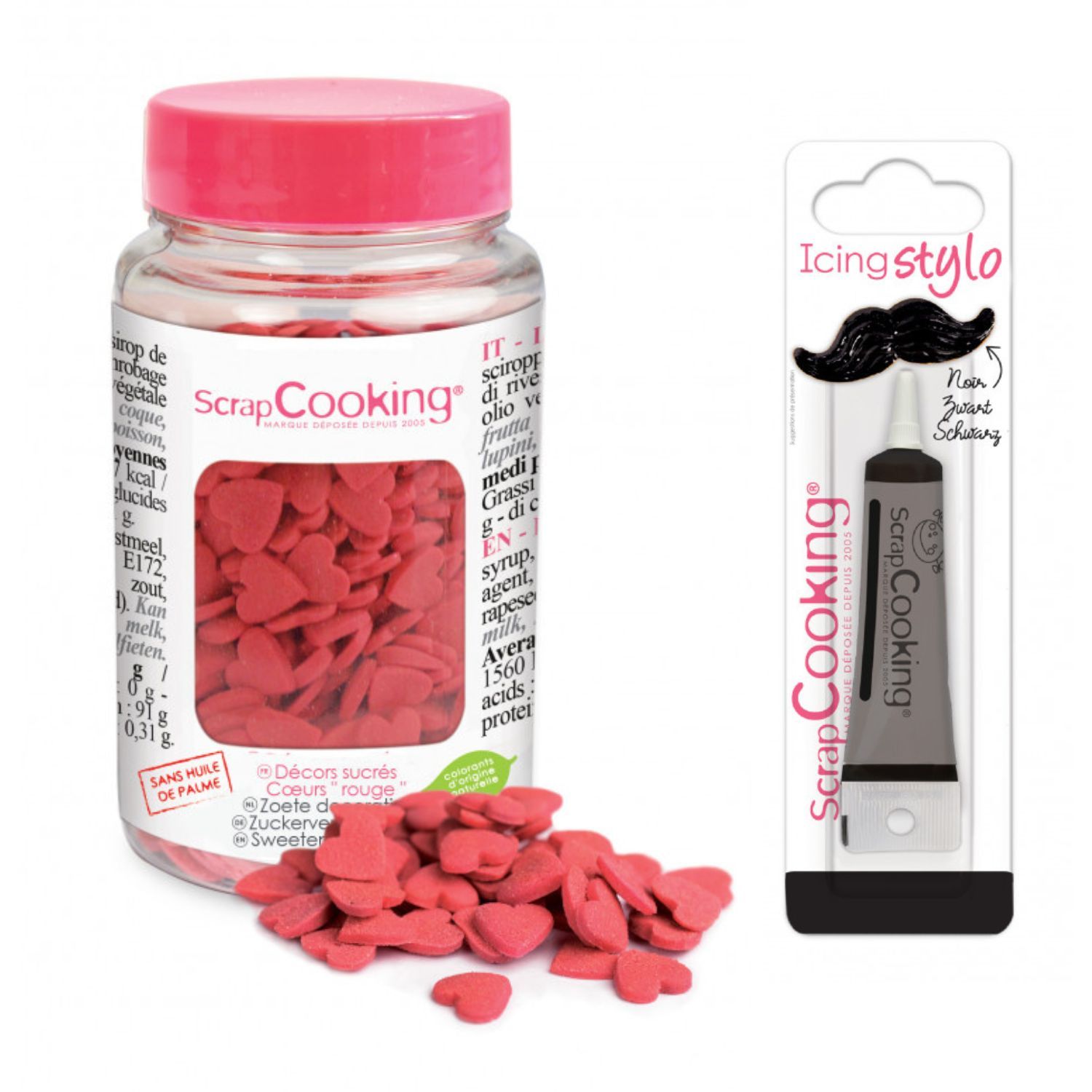 Décors sucrés coeurs rouges + Stylo de glaçage noir Scrapcooking - Mathon