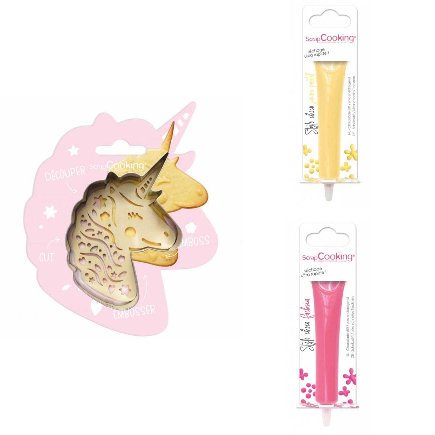 Kit pour biscuit en relief Licorne + 2 Stylos au chocolat jaune pastel et fuchsia Scrapcooking - Mathon