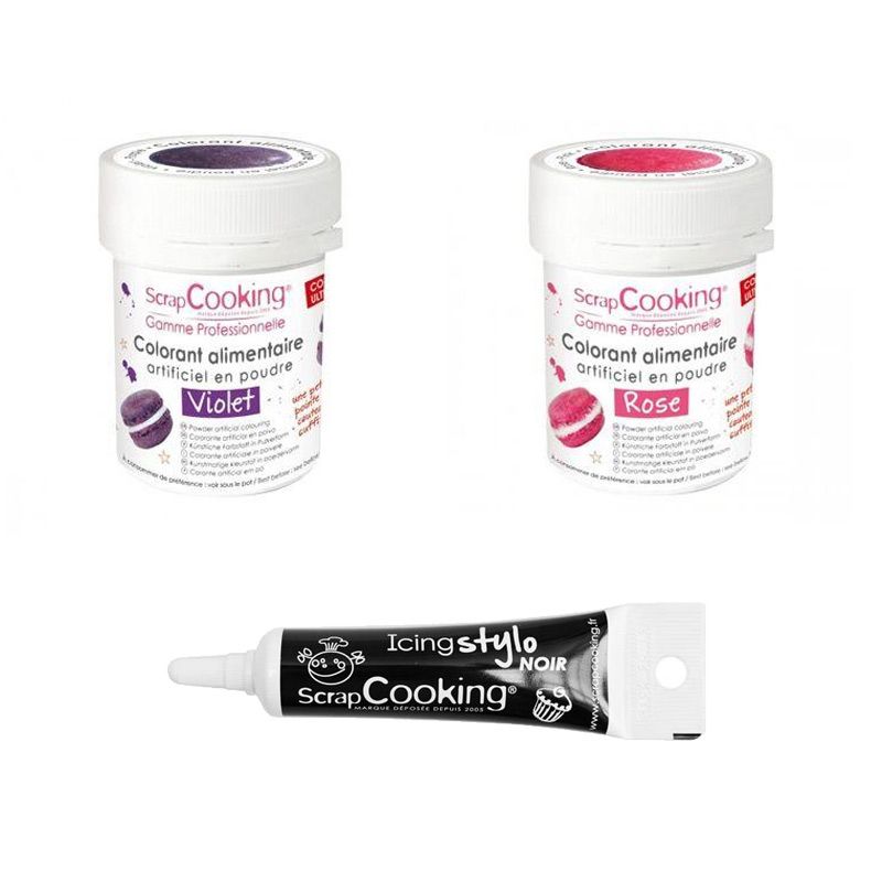 2 colorants alimentaires violet-rose + Stylo glaçage noir Scrapcooking - Mathon
