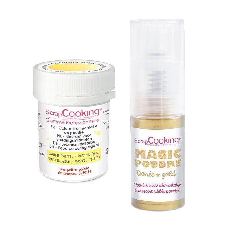 Colorant alimentaire en poudre jaune pastel + Poudre alimentaire irisée dorée Scrapcooking - Mathon