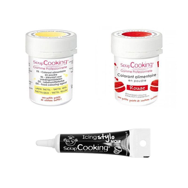 2 colorants alimentaires jaune pastel-rouge + Stylo glaçage noir Scrapcooking - Mathon