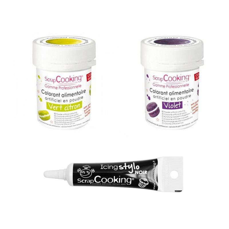 2 colorants alimentaires violet-vert citron + Stylo glaçage noir Scrapcooking - Mathon