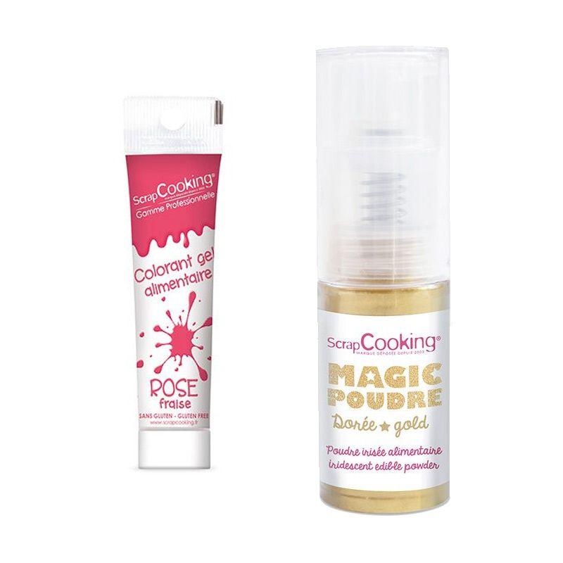 Colorant alimentaire en gel rose foncé + Poudre alimentaire irisée dorée Scrapcooking - Mathon