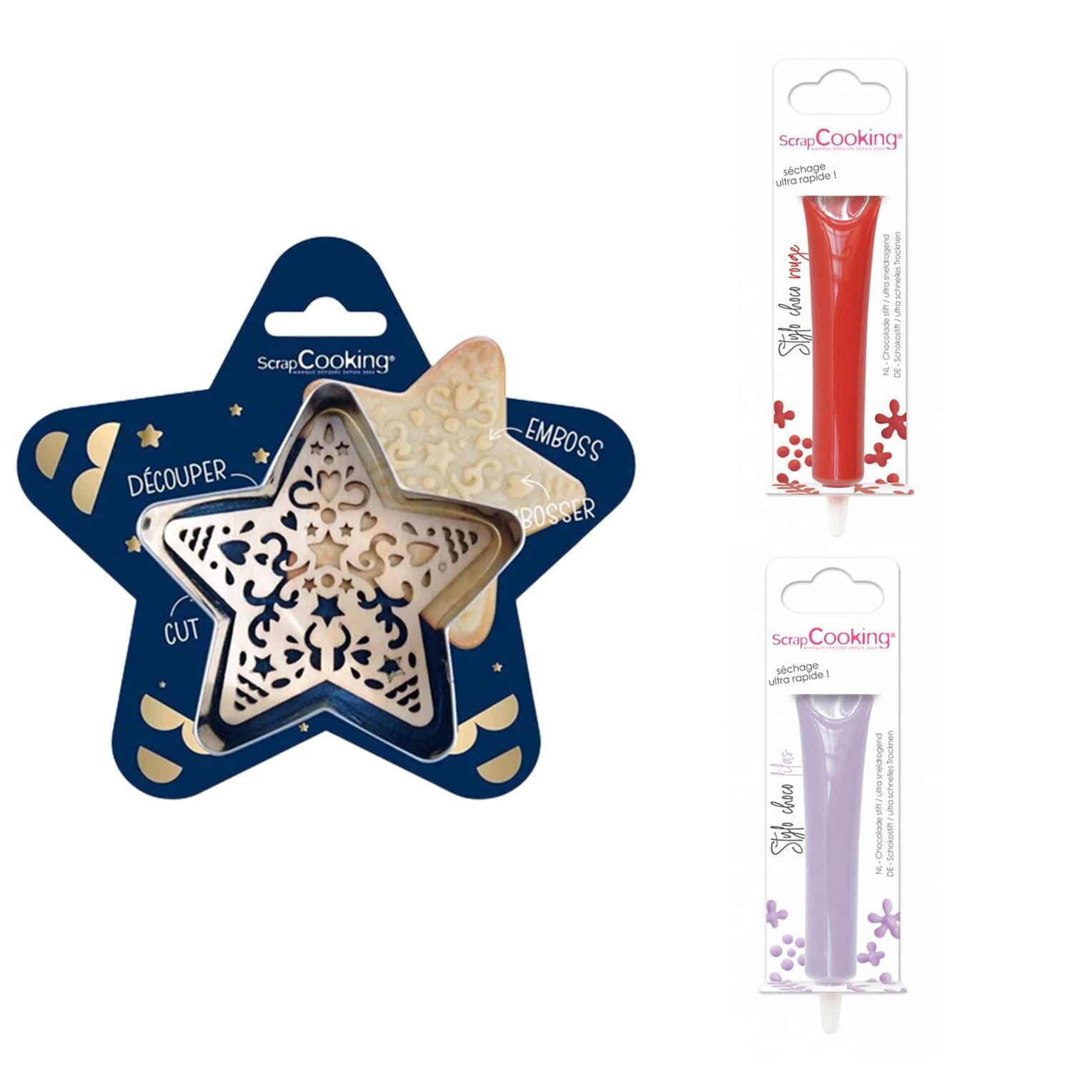 Kit pour biscuit en relief Étoile + 2 Stylos au chocolat rouge et lilas Scrapcooking - Mathon