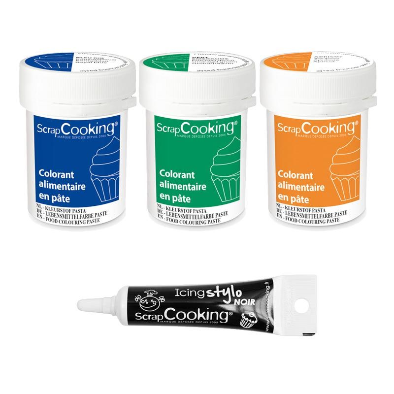 3 colorants alimentaires en pâte abricot-émeraude-bleu roi + Stylo de glaçage noir Scrapcooking - Mathon