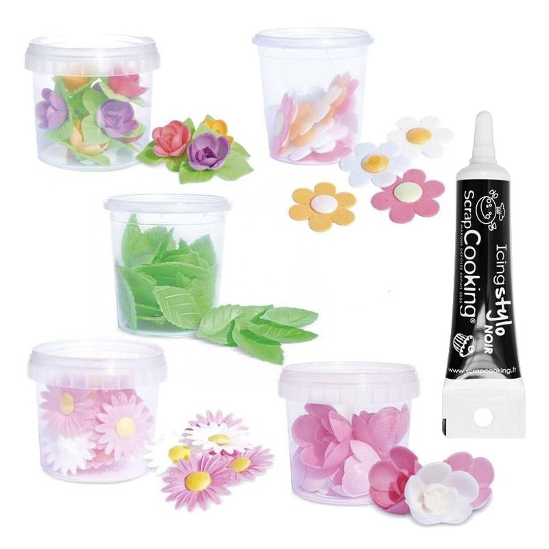 Décors feuilles & fleurs azyme + Stylo glaçage noir Scrapcooking - Mathon