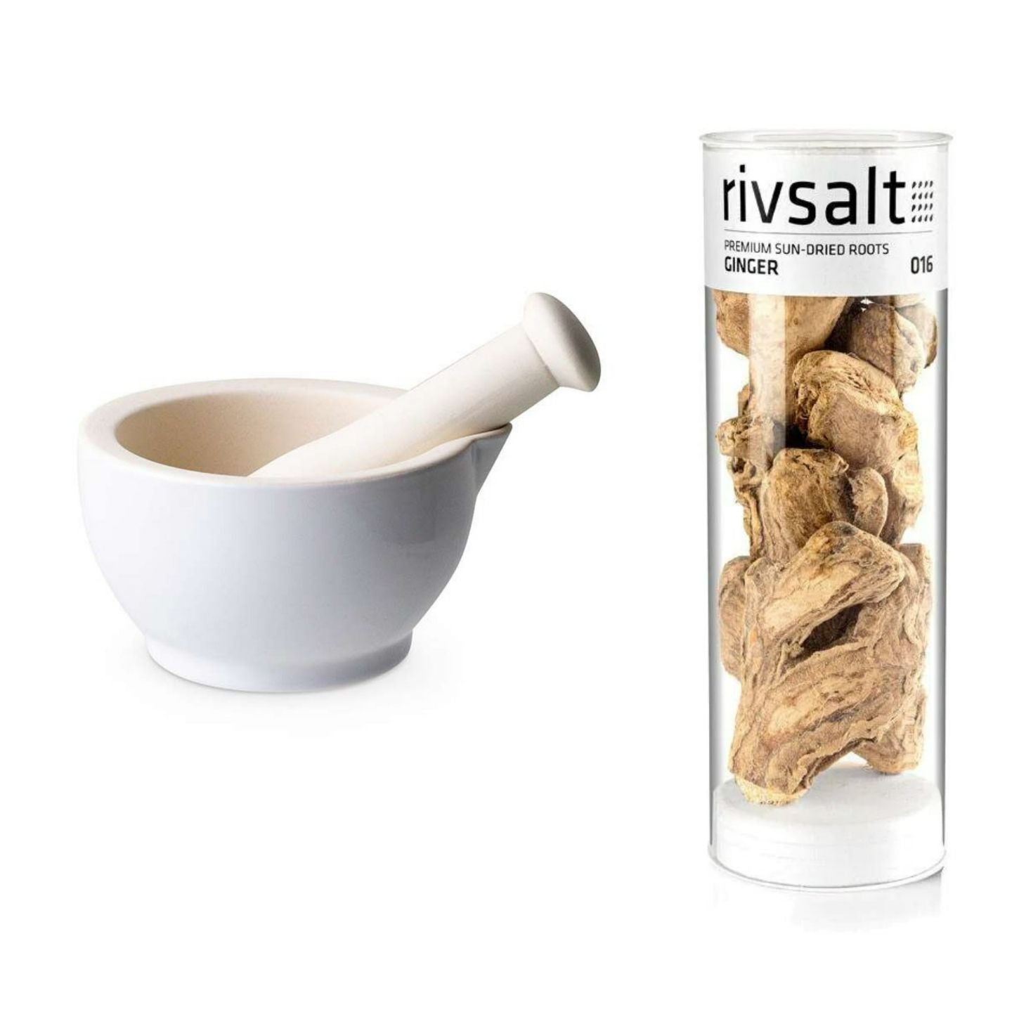 Mortier et pilon en grès blanc + Rhizome de gingembre - 50 g Aromandise - Mathon