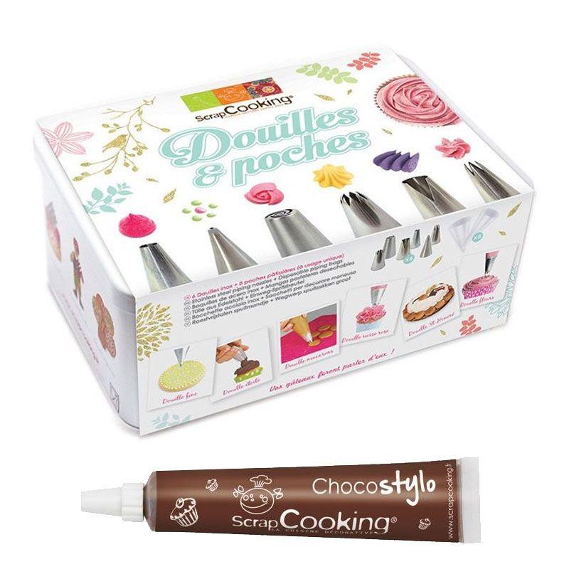 Coffret à pâtisserie 6 douilles inox et poches jetables + 1 Stylo chocolat Scrapcooking - Mathon