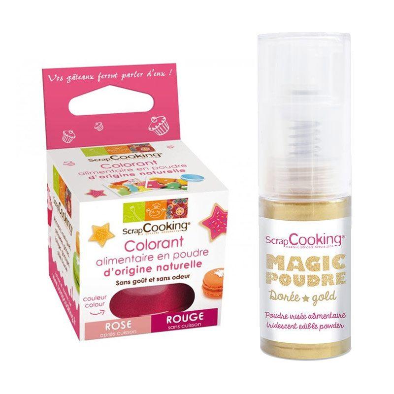 Colorant alimentaire Rouge + Poudre alimentaire irisée dorée Scrapcooking - Mathon