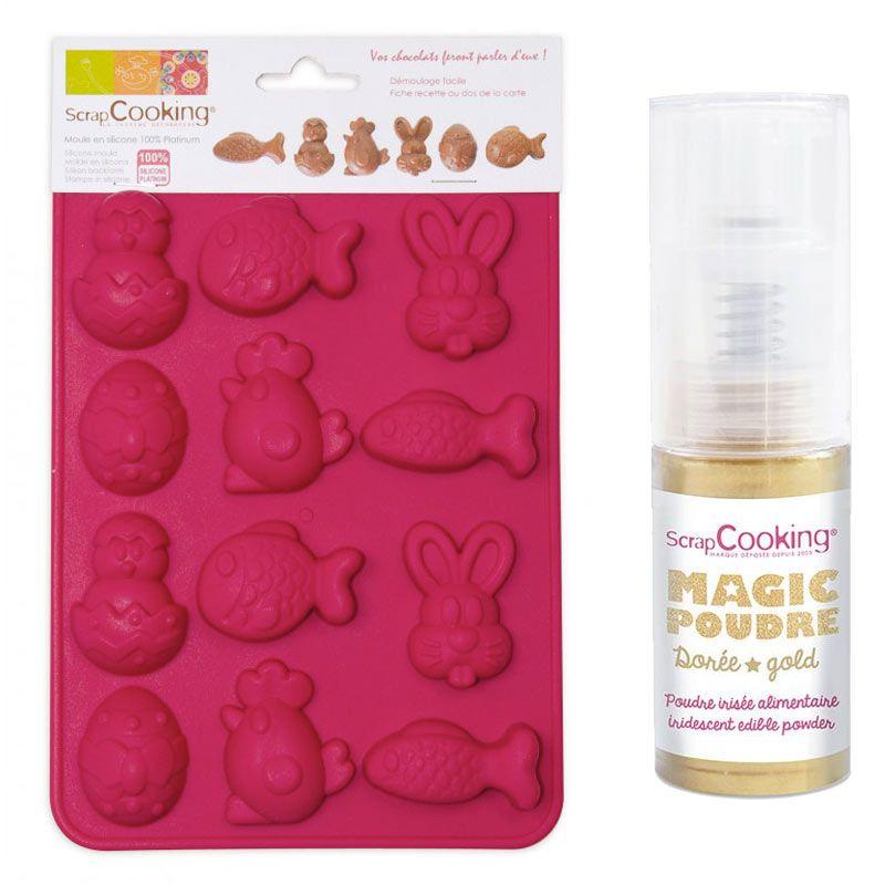 Moule Chocolats de Pâques + 1 poudre alimentaire irisée dorée Scrapcooking - Mathon