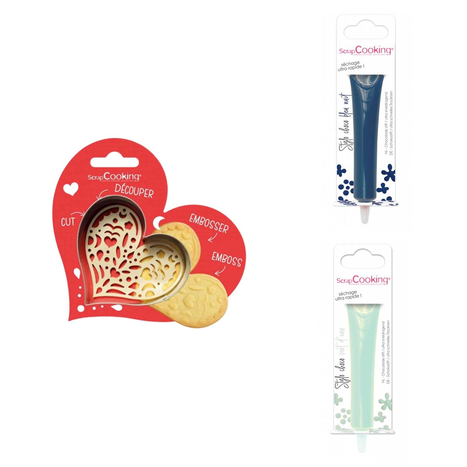 Kit pour biscuit en relief Coeur + 2 Stylos au chocolat bleu nuit et vert d