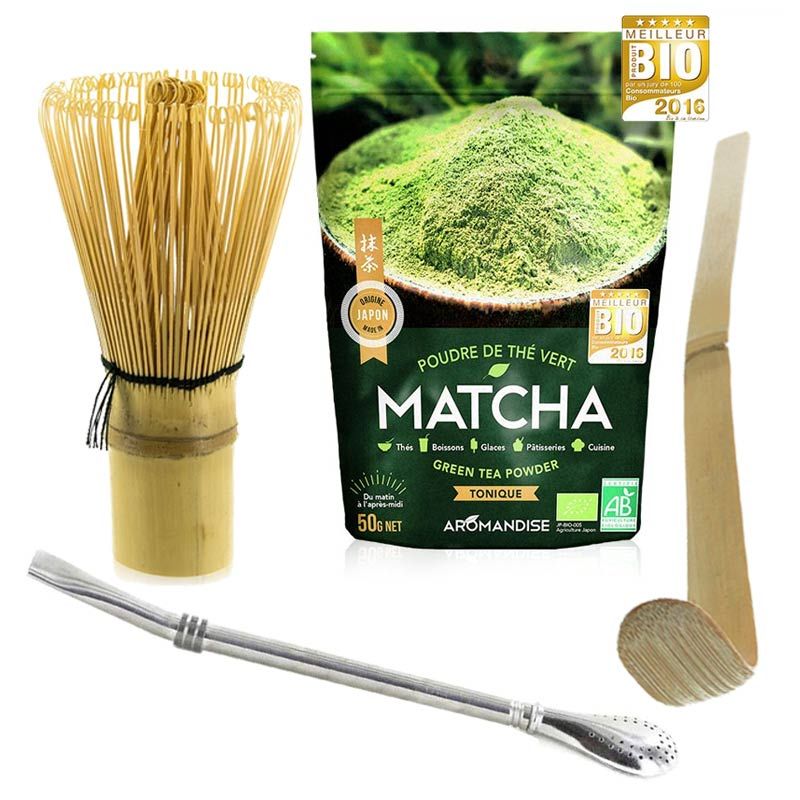Coffret thé Matcha + fouet + cuillère en bambou + paille inox avec filtre Aromandise - Mathon