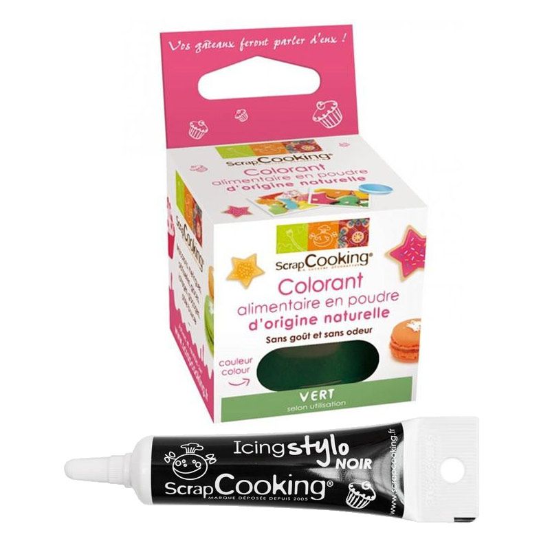 Colorant alimentaire naturel Vert + Stylo de glaçage noir Scrapcooking - Mathon