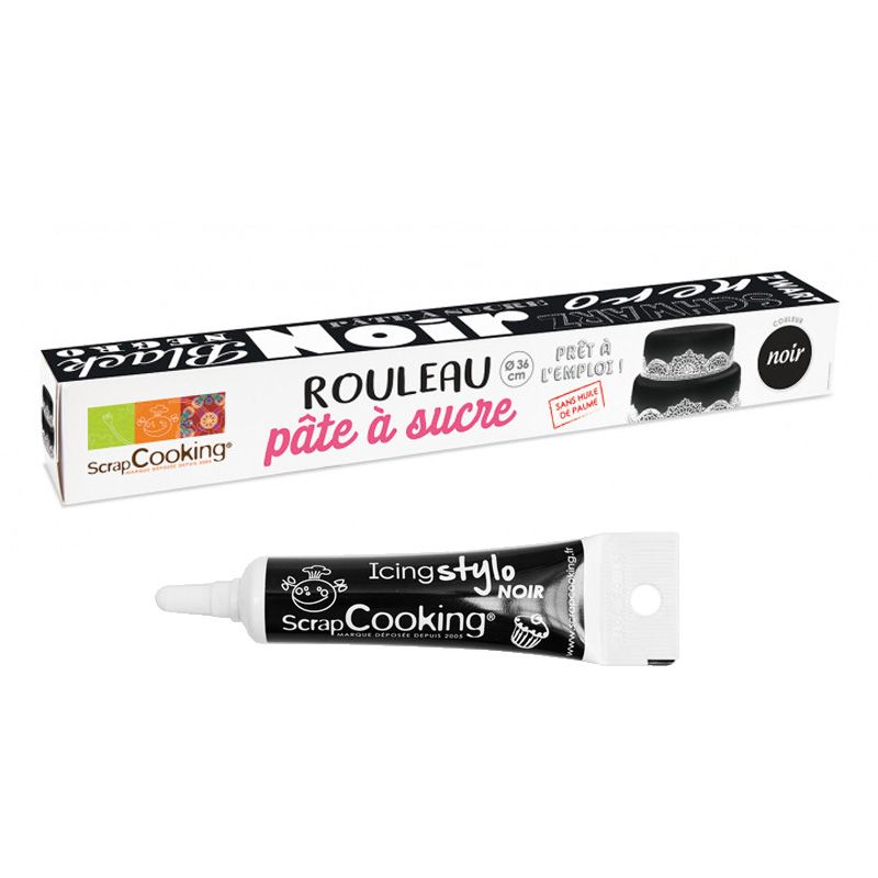 Pâte à sucre en rouleau noir Ø 36 cm + Stylo de glaçage noir Scrapcooking - Mathon