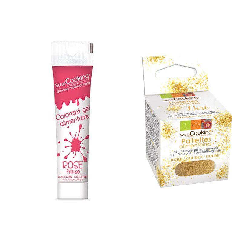 Colorant alimentaire en gel rose foncé + paillettes dorées Scrapcooking - Mathon