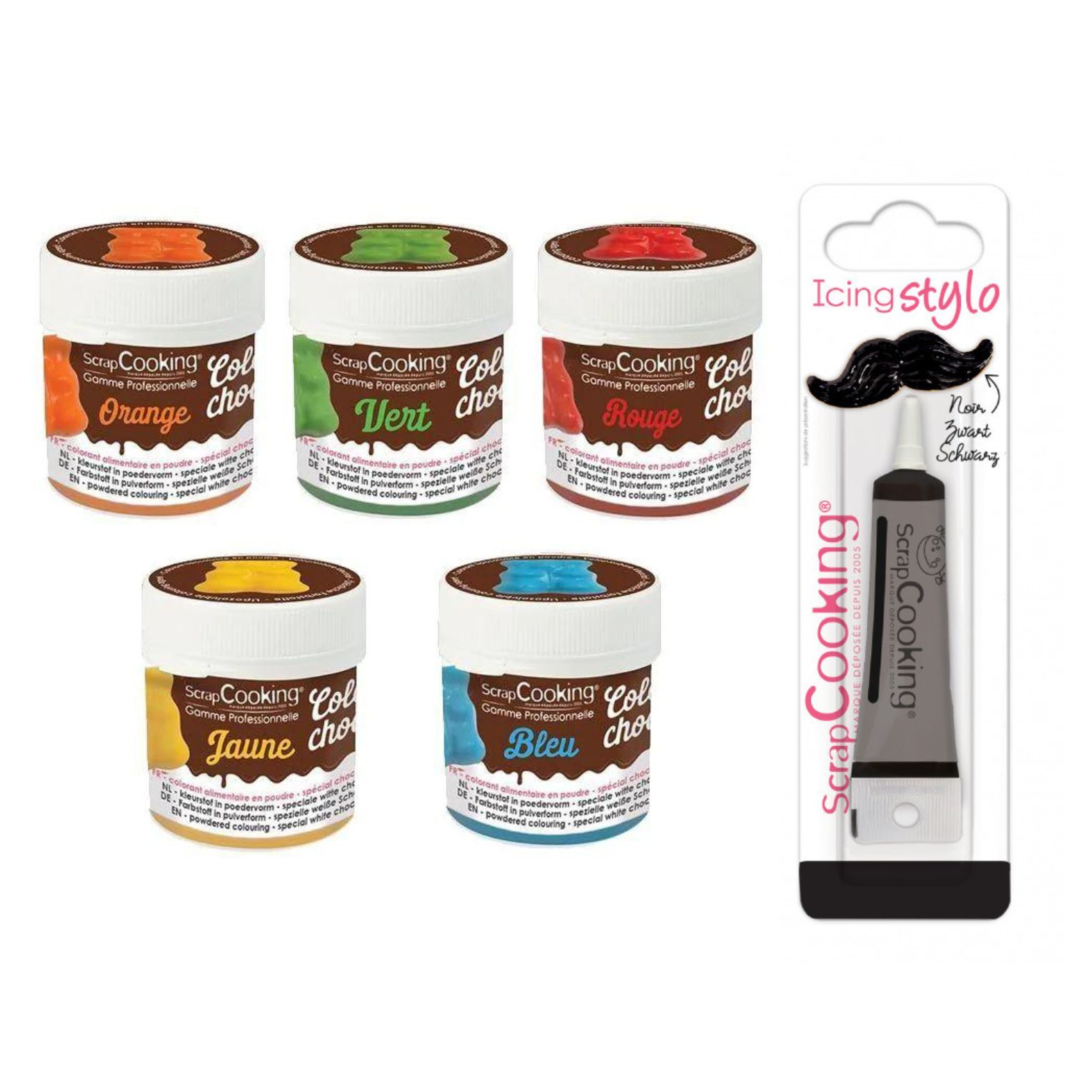 5 colorants alimentaires liposolubles + Stylo de glaçage noir Scrapcooking - Mathon