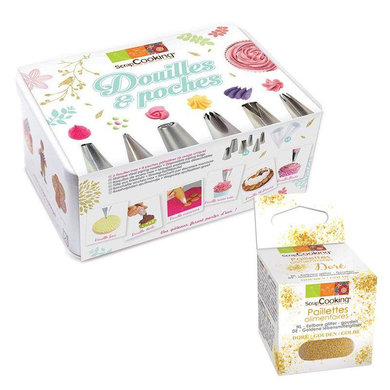 Coffret à pâtisserie 6 douilles inox et poches jetables + paillettes dorées Scrapcooking - Mathon