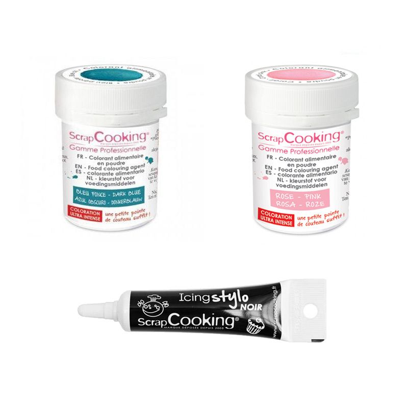 2 colorants alimentaires bleu foncé-rose poudré + Stylo glaçage noir Scrapcooking - Mathon