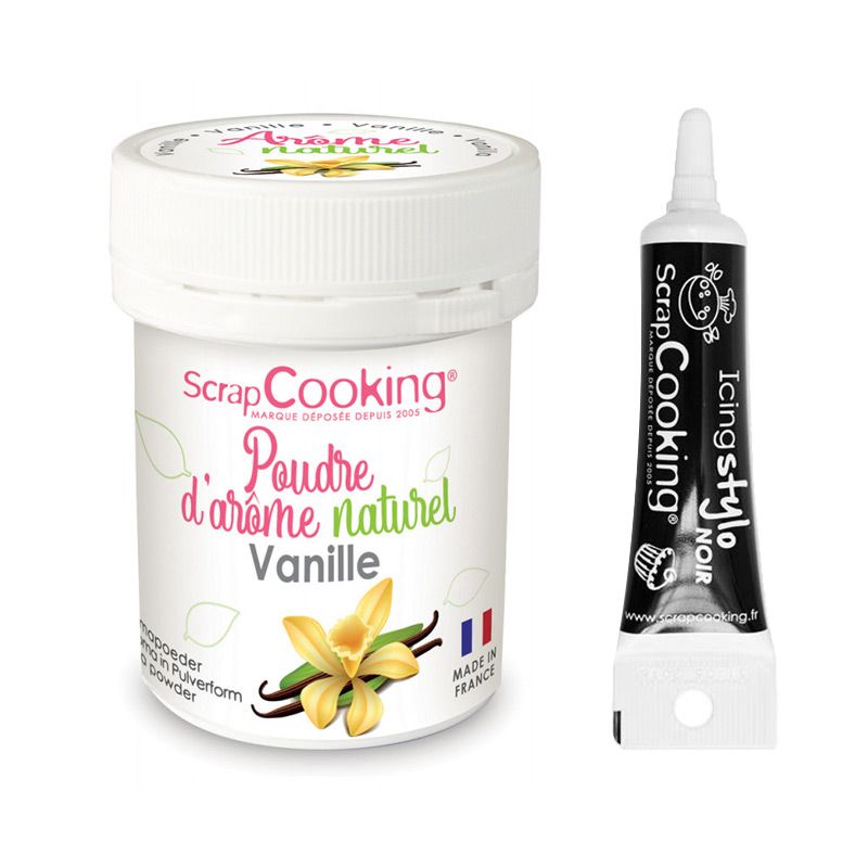 Arôme alimentaire naturel en poudre 15 g Vanille + Stylo de glaçage noir Scrapcooking - Mathon