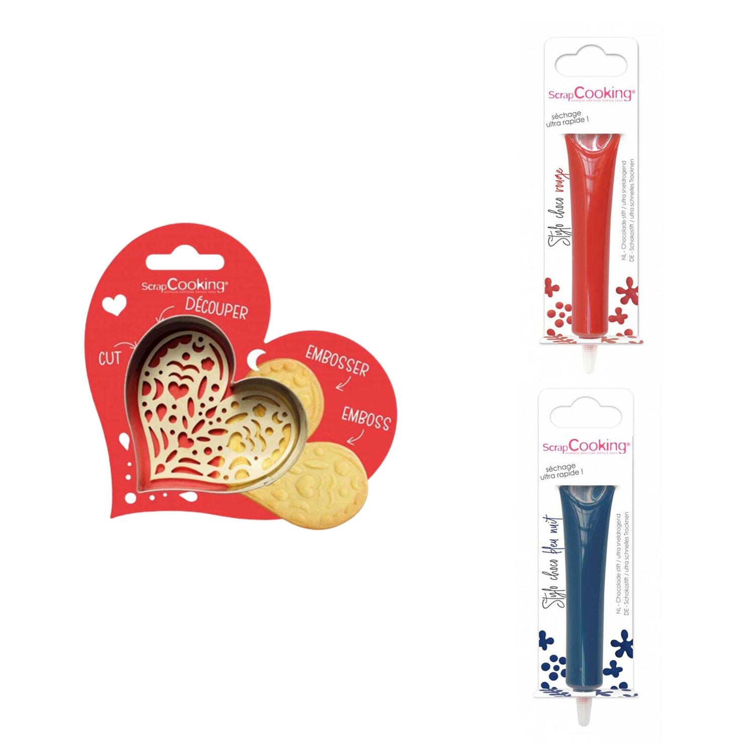 Kit pour biscuit en relief Coeur + 2 Stylos au chocolat rouge et bleu nuit Scrapcooking - Mathon