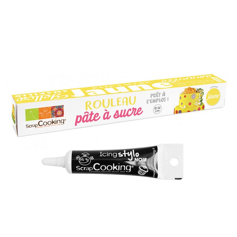 Pâte à sucre en rouleau jaune Ø 36 cm + Stylo de glaçage noir Scrapcooking - Mathon