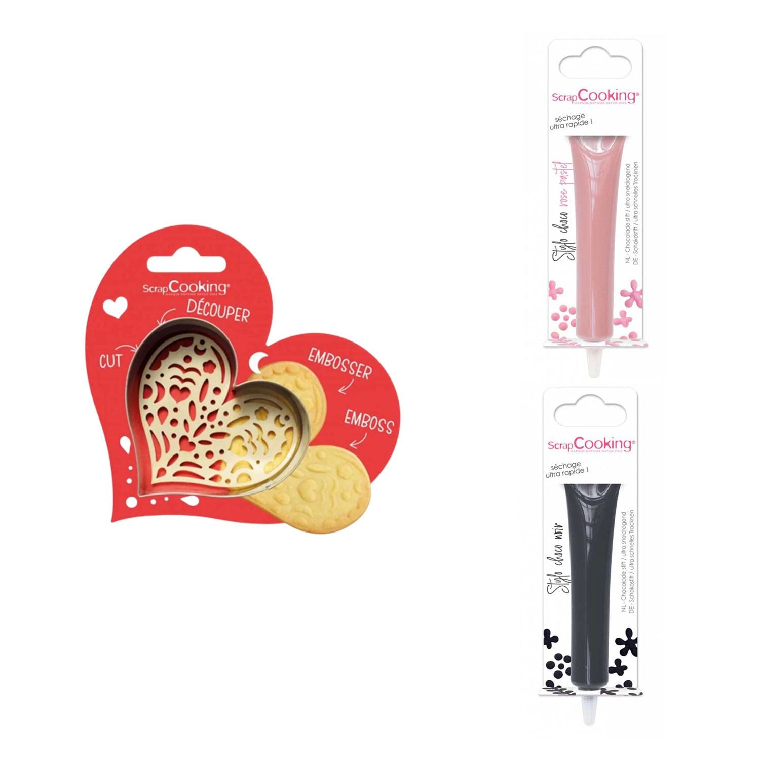 Kit pour biscuit en relief Coeur + 2 Stylos au chocolat rose pastel et noir Scrapcooking - Mathon