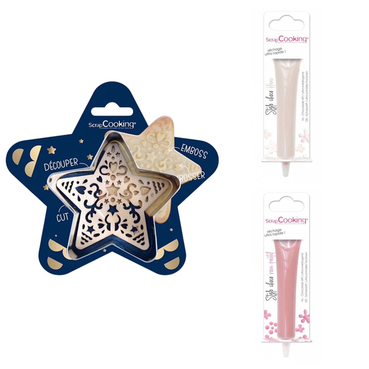 Kit pour biscuit en relief Étoile + 2 Stylos au chocolat blanc et rose pastel Scrapcooking - Mathon
