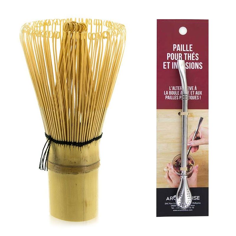 Fouet à thé Matcha en bambou + paille inox avec filtre Aromandise - Mathon