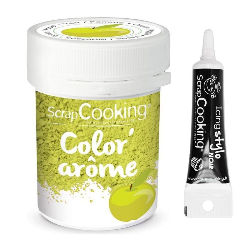 Colorant alimentaire vert arôme pomme 10 g + Stylo glaçage noir Scrapcooking - Mathon