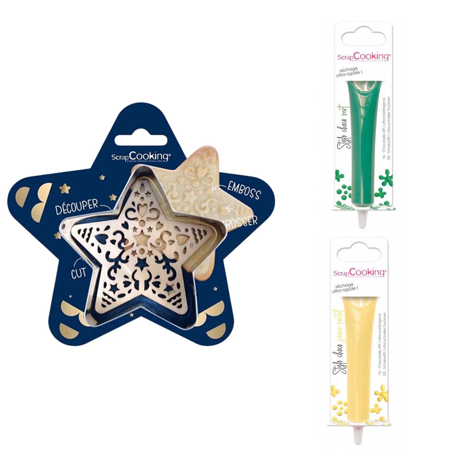 Kit pour biscuit en relief Étoile + 2 Stylos au chocolat vert et jaune pastel Scrapcooking - Mathon