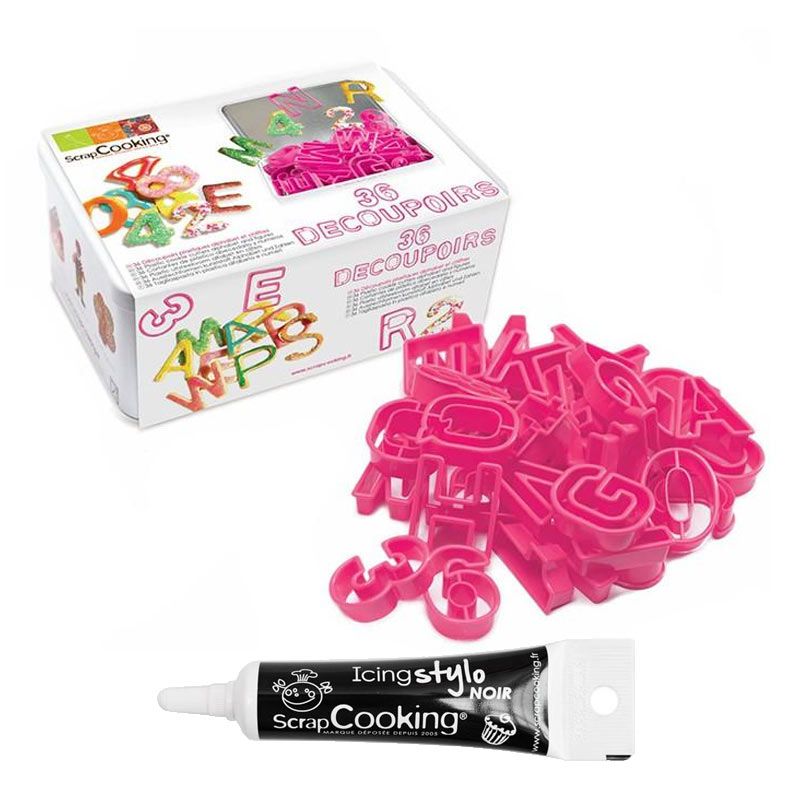 36 découpoirs en plastique chiffres et lettres + Stylo de glaçage noir Scrapcooking - Mathon
