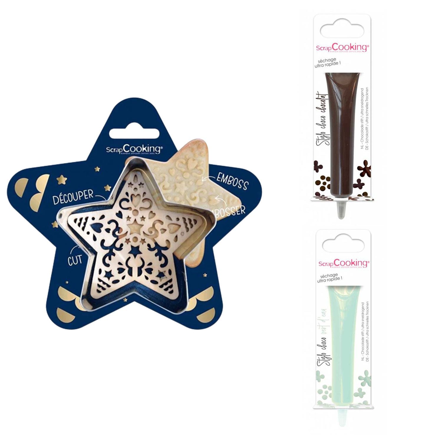 Kit pour biscuit en relief Étoile + 2 Stylos au chocolat marron et vert d