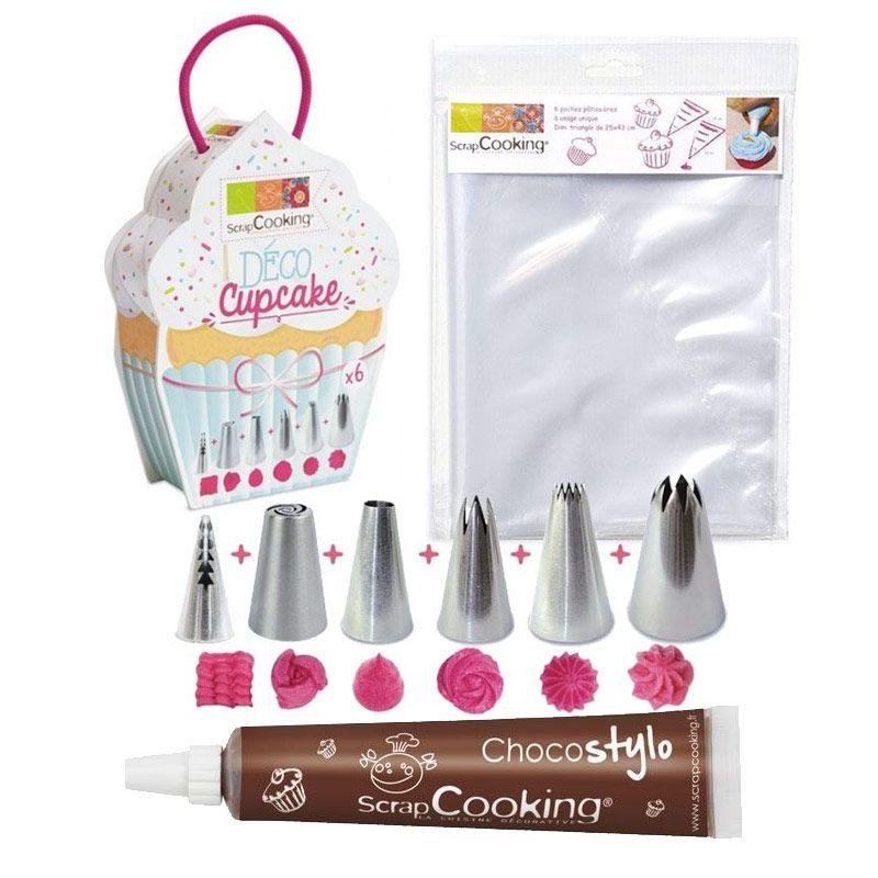 6 douilles et 6 poches à douilles jetables pour Cupcakes + 1 Stylo chocolat Scrapcooking - Mathon