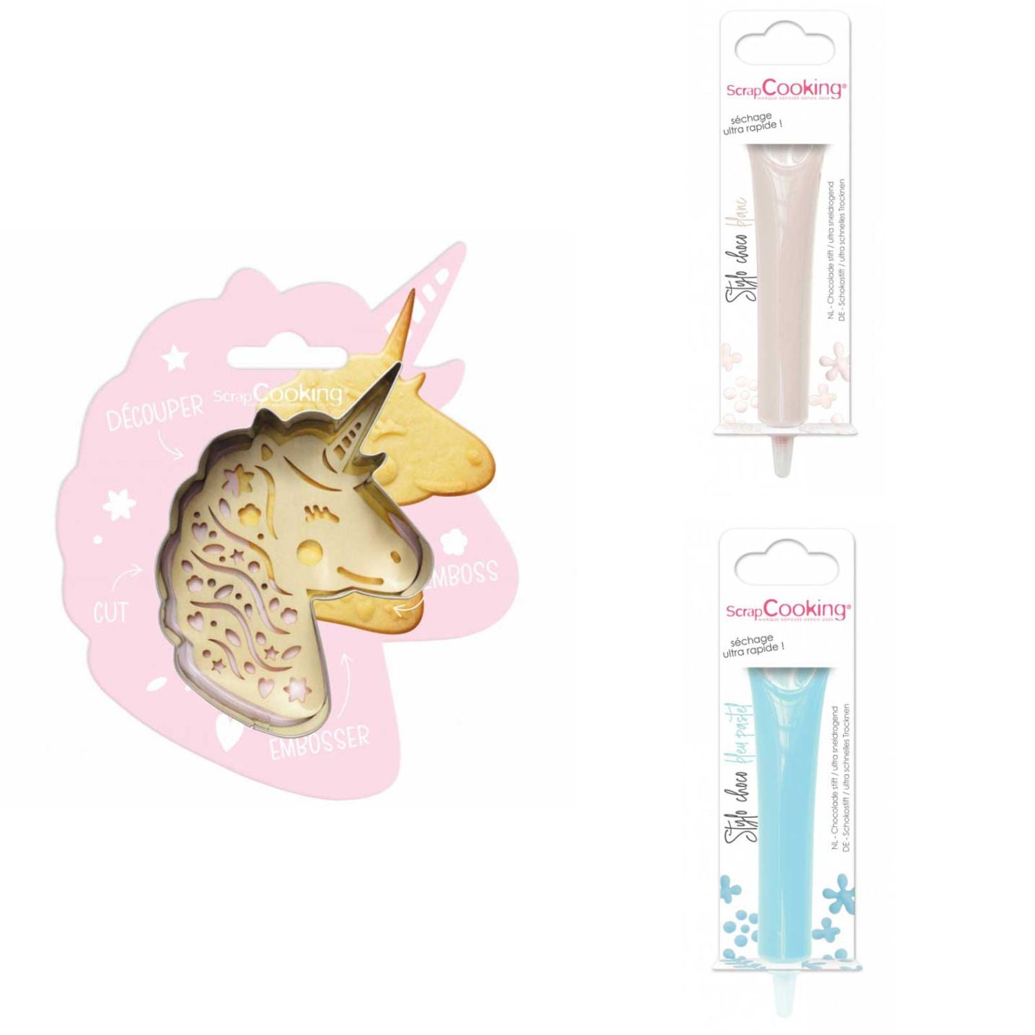 Kit pour biscuit en relief Licorne + 2 Stylos au chocolat blanc et bleu pastel Scrapcooking - Mathon