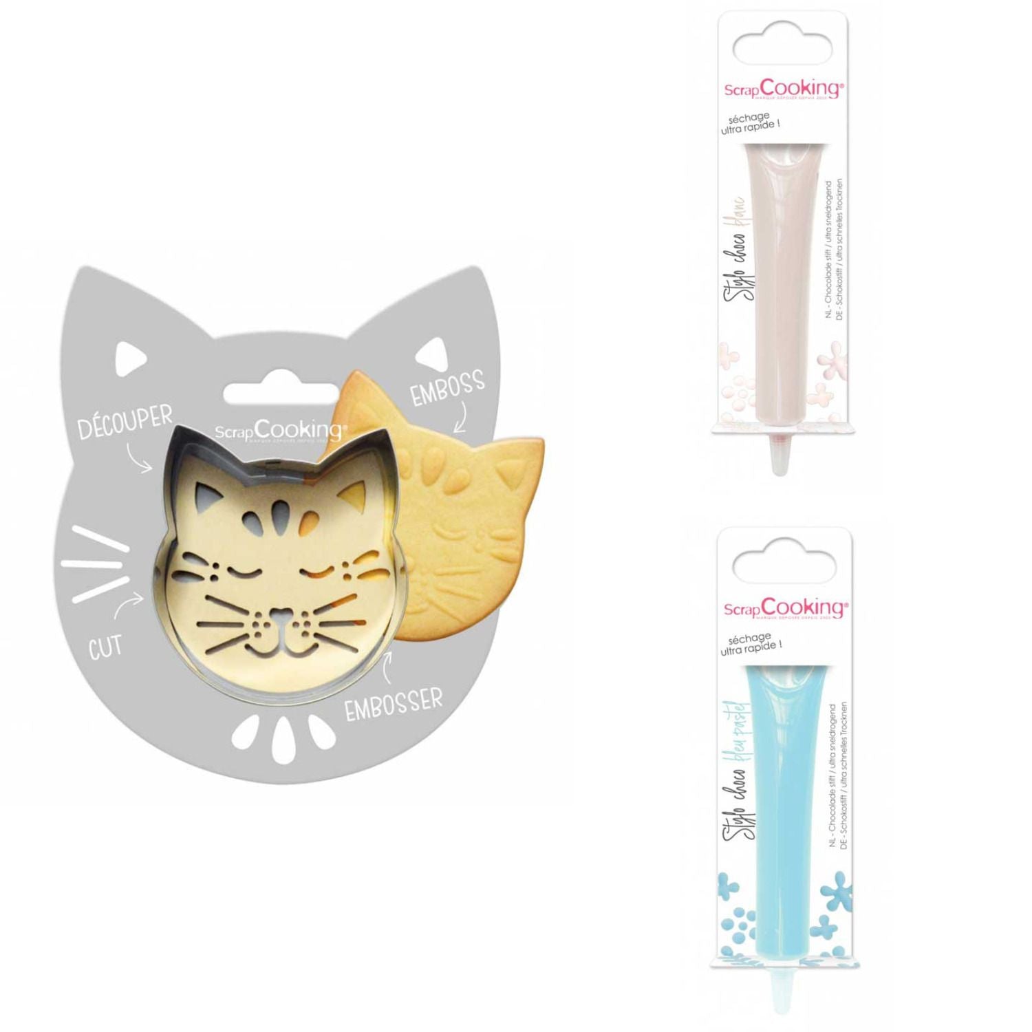 Kit pour biscuit en relief Chat + 2 Stylos au chocolat blanc et bleu pastel Scrapcooking - Mathon