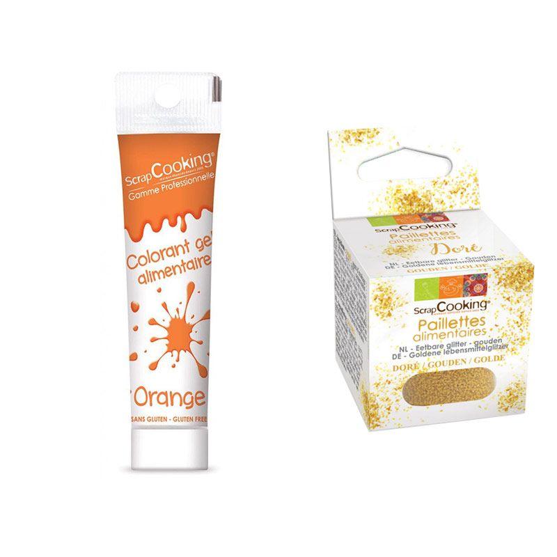 Gel colorant alimentaire orange + paillettes dorées Scrapcooking - Mathon