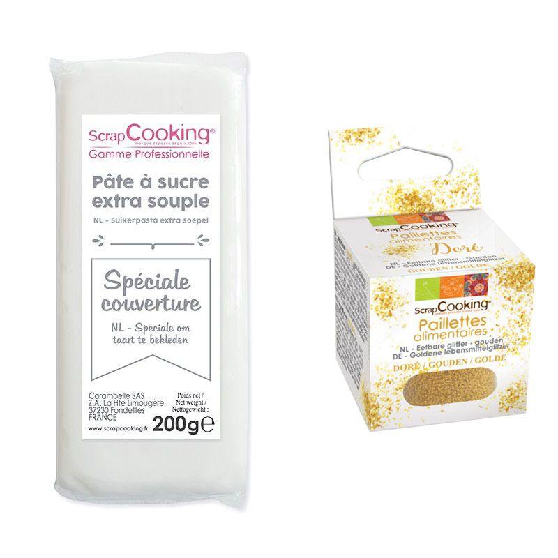 Pâte à sucre de couverture blanche 200 g + paillettes dorées Scrapcooking - Mathon