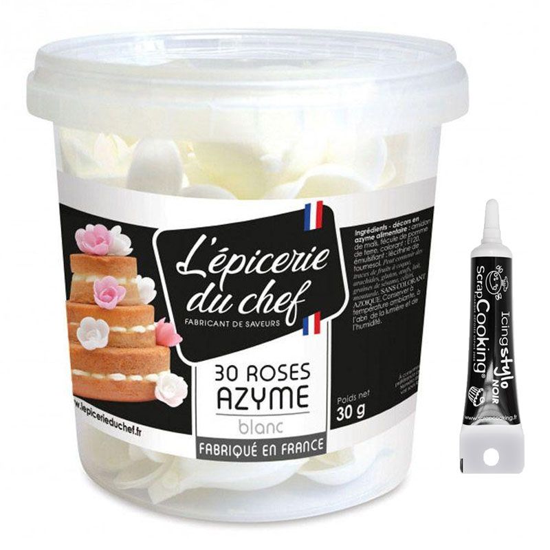 30 roses blanches en papier azyme + Stylo de glaçage noir Scrapcooking - Mathon