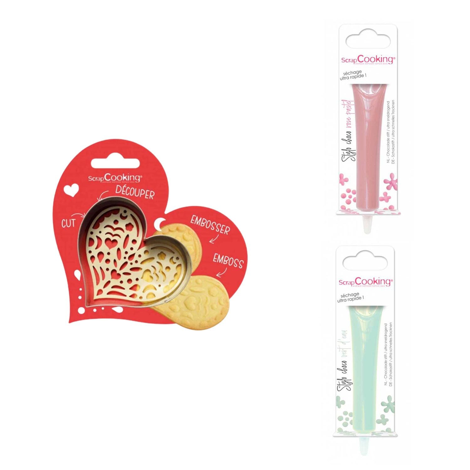 Kit pour biscuit en relief Coeur + 2 Stylos au chocolat rose pastel et vert d